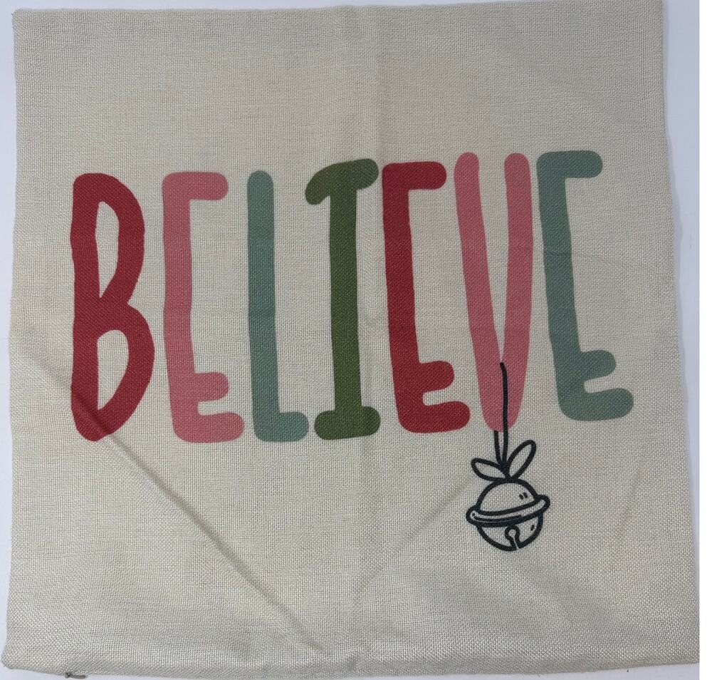 Believe Decorative Burlap Pillow Cover Red Green Pink with a Jingle Bell